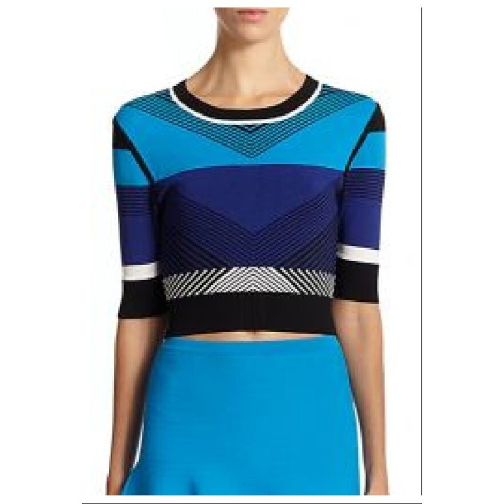 Women's Ohne Titel Sweater Top Blue Knit Chevron Crop Colorblock Half Sleeve XS